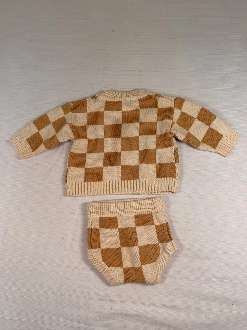 Checker Knit Kids Matching Set in Beige and Brown